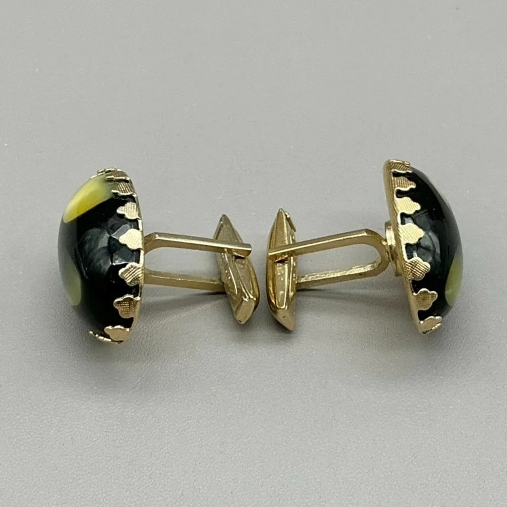 Vintage Oval Cufflinks Black Green Art Glass Cabochon Gold Tone Men's Jewelry